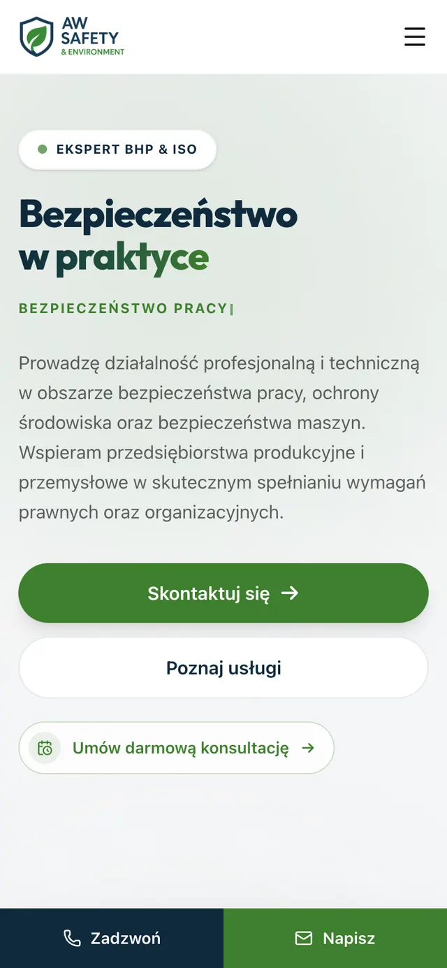 Strona AW Safety & Environment na telefonie