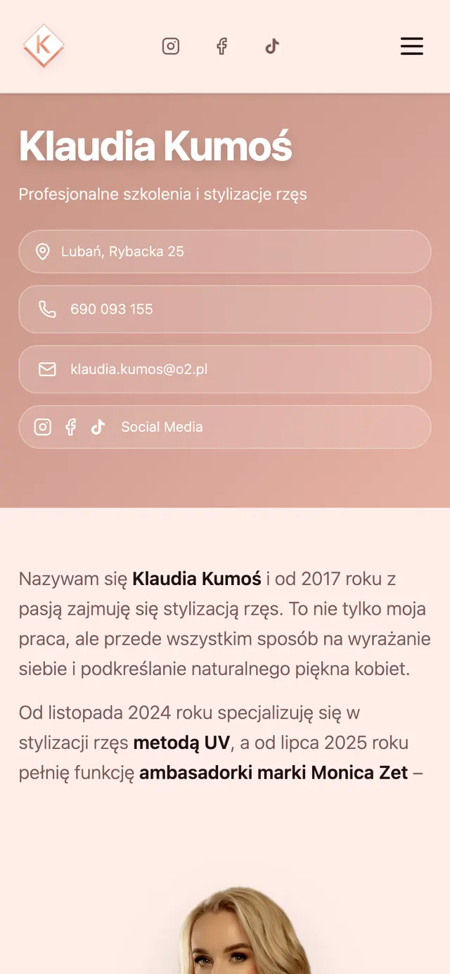 Strona Klaudia Lash Academy na telefonie